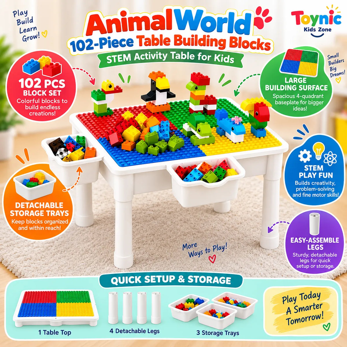 AnimalWorld 102-Piece Table Building Blocks – STEM Activity Table for Kids | Toynic Kids Zone