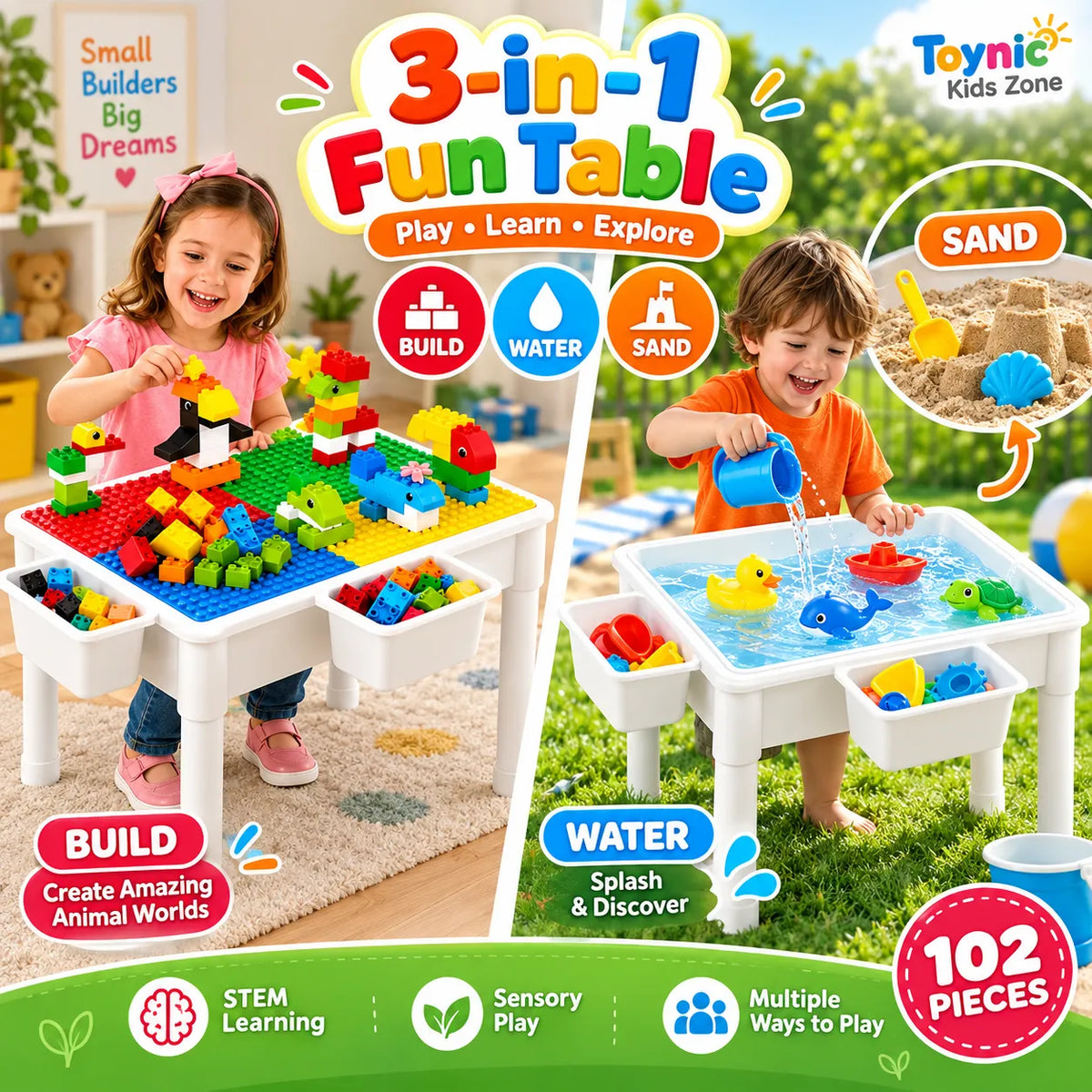 AnimalWorld 102-Piece Table Building Blocks – STEM Activity Table for Kids | Toynic Kids Zone