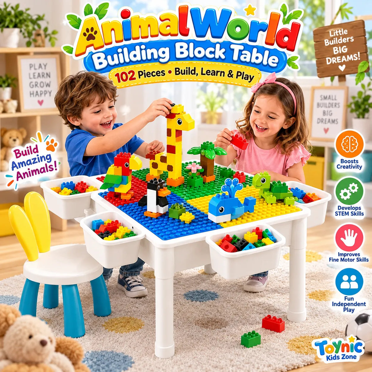 AnimalWorld 102-Piece Table Building Blocks – STEM Activity Table for Kids | Toynic Kids Zone
