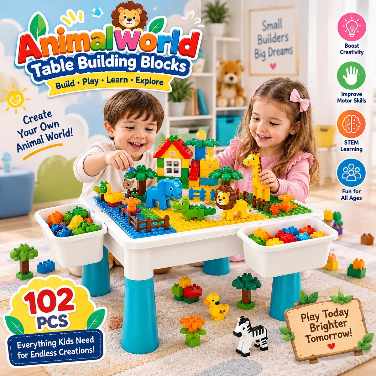 AnimalWorld 102-Piece Table Building Blocks – STEM Activity Table for Kids | Toynic Kids Zone