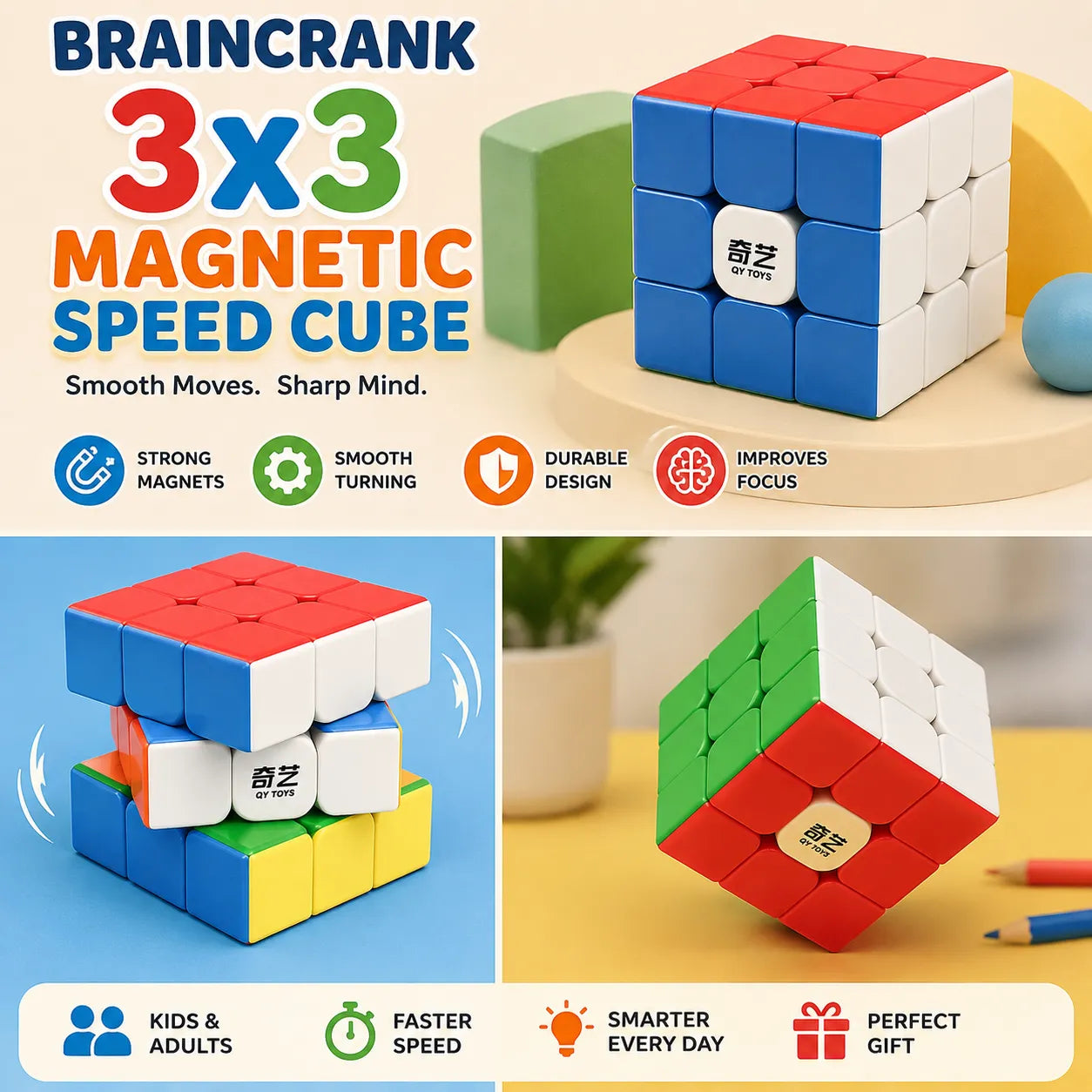 BrainCrank 3x3 Magnetic Speed Cube – Smooth 3x3 Puzzle Toy