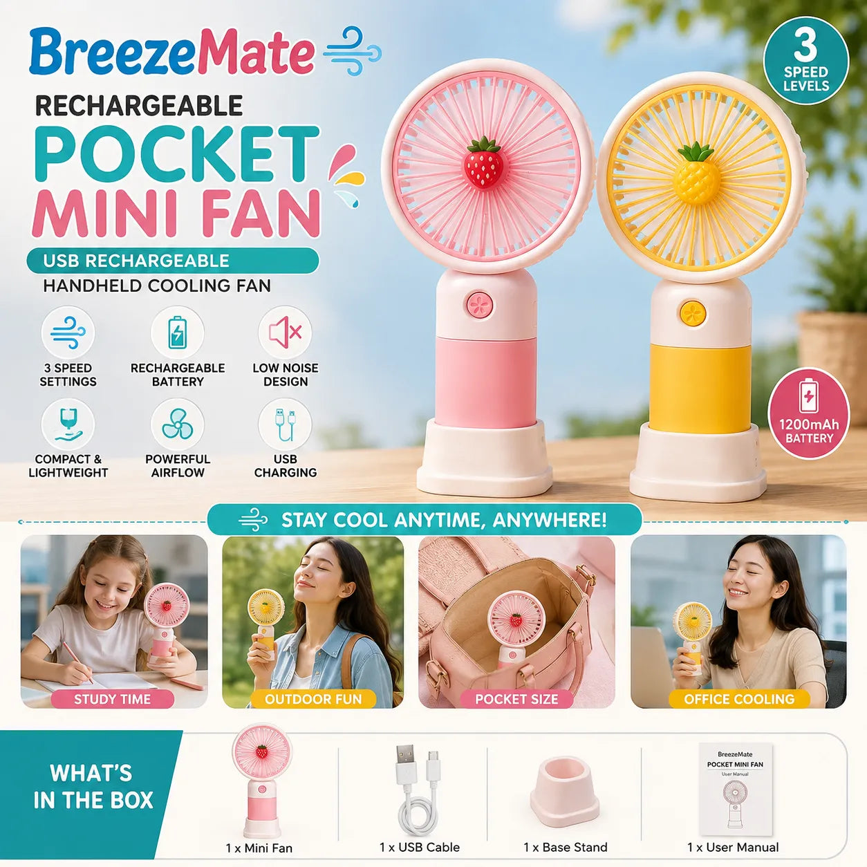 BreezeMate Rechargeable Pocket Mini Fan USB Rechargeable Handheld Cooling Fan