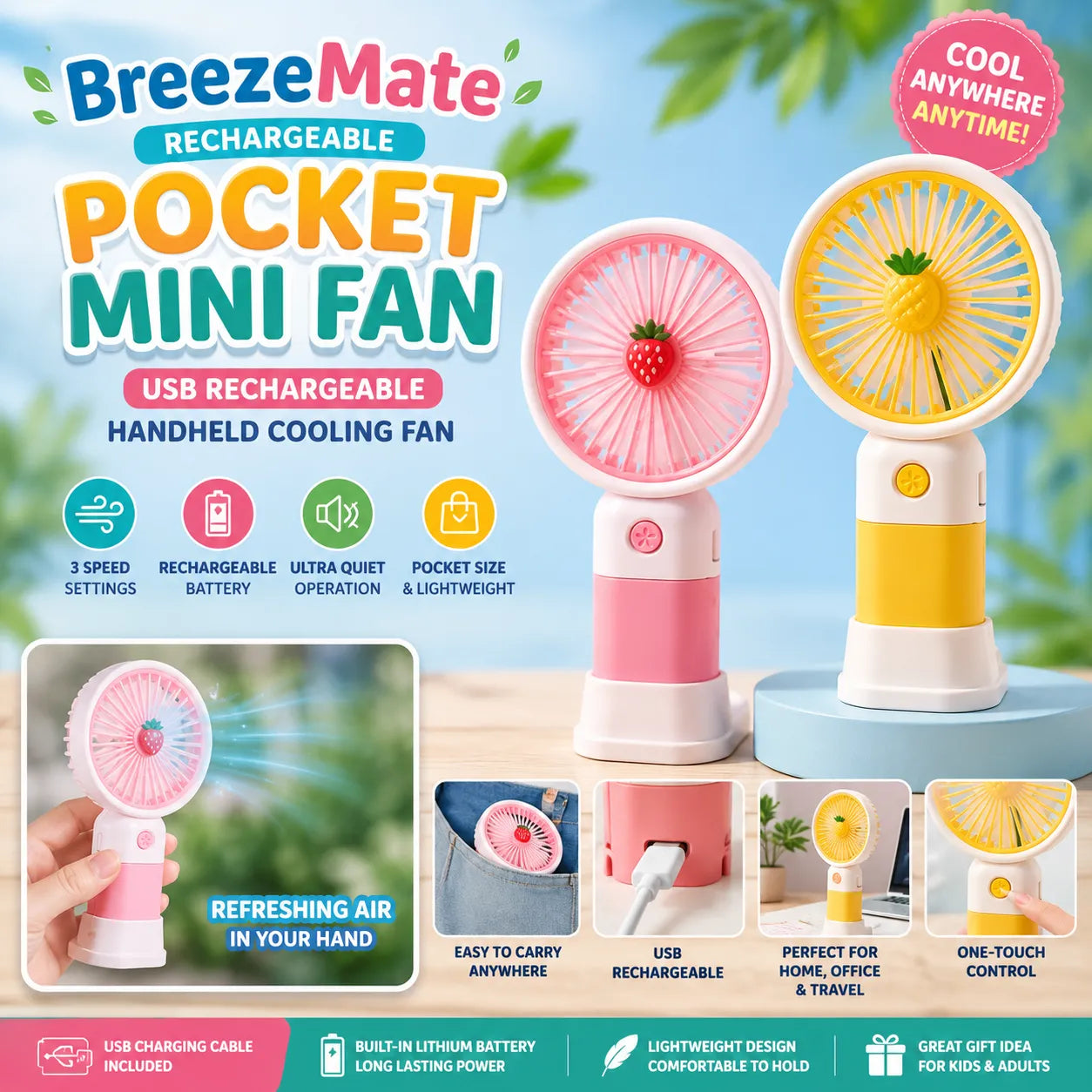 BreezeMate Rechargeable Pocket Mini Fan USB Rechargeable Handheld Cooling Fan