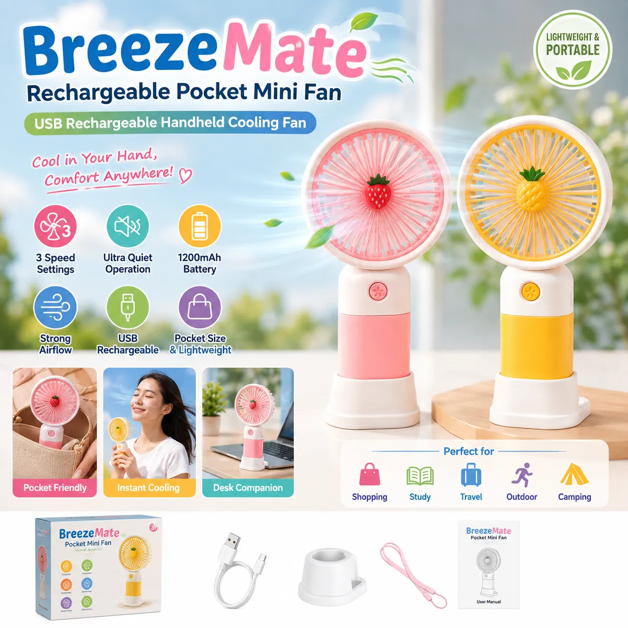 BreezeMate Rechargeable Pocket Mini Fan USB Rechargeable Handheld Cooling Fan