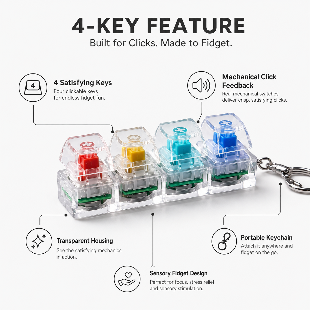 ClickRelief Keyboard Fidget Keychain – Sensory Stress-Relief Clicker