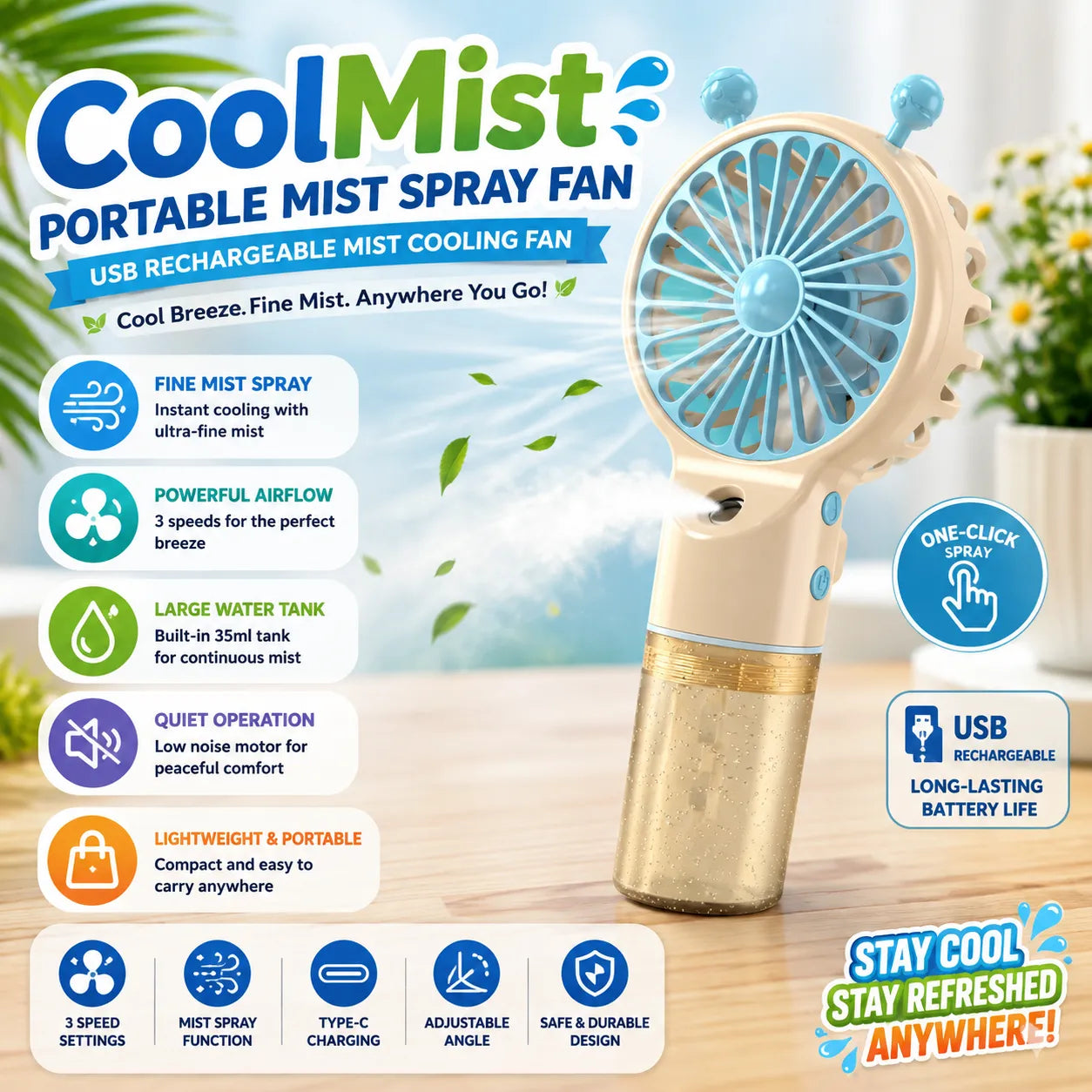 CoolMist Portable Mist Spray Fan – USB Rechargeable Fan