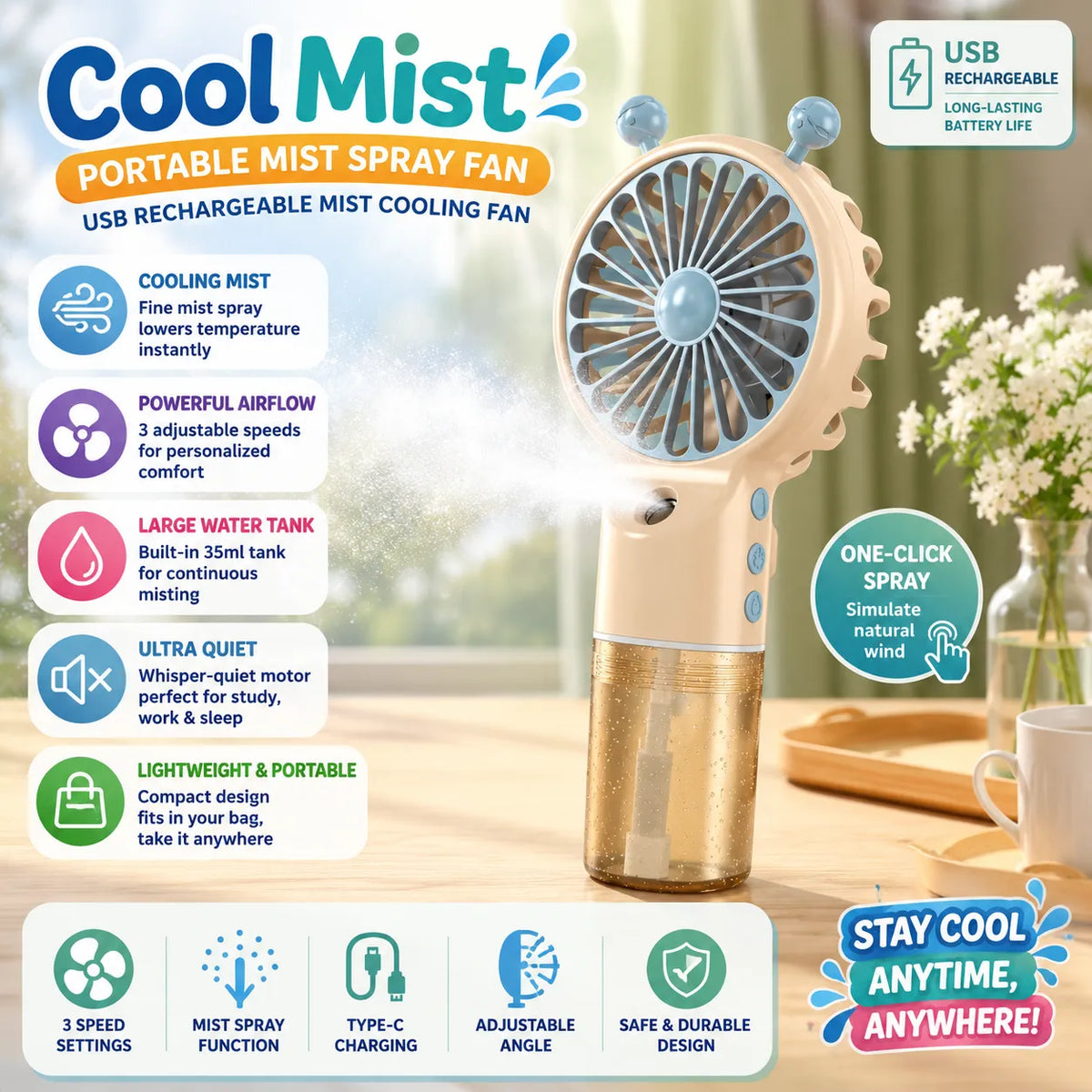 CoolMist Portable Mist Spray Fan – USB Rechargeable Fan