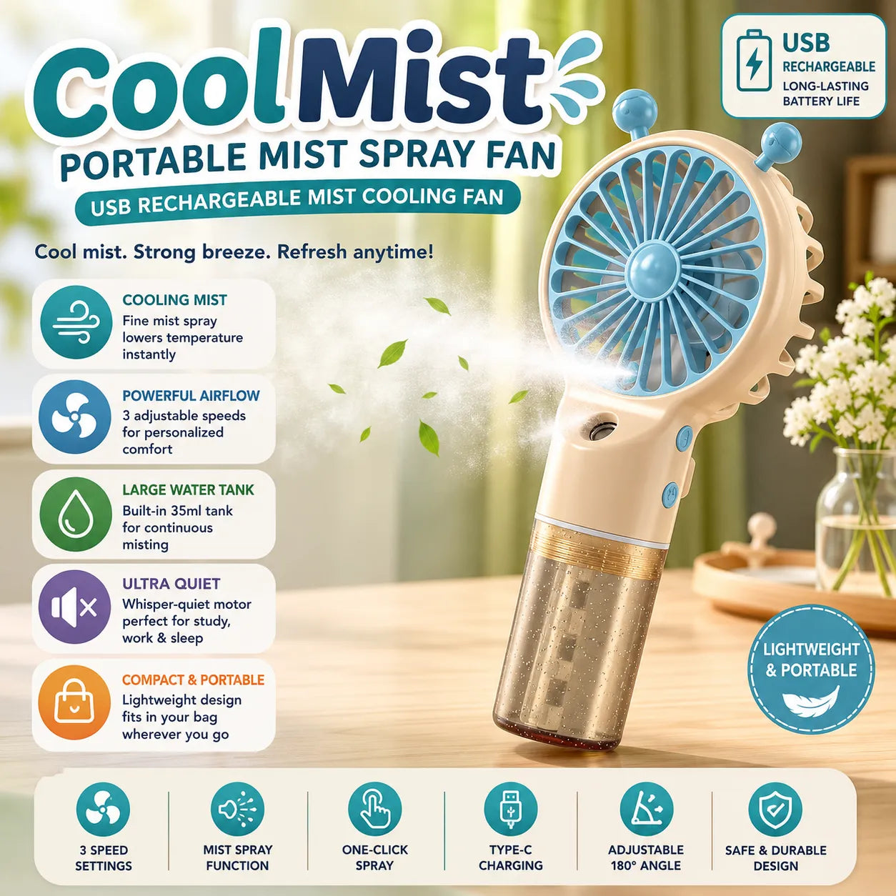 CoolMist Portable Mist Spray Fan – USB Rechargeable Fan