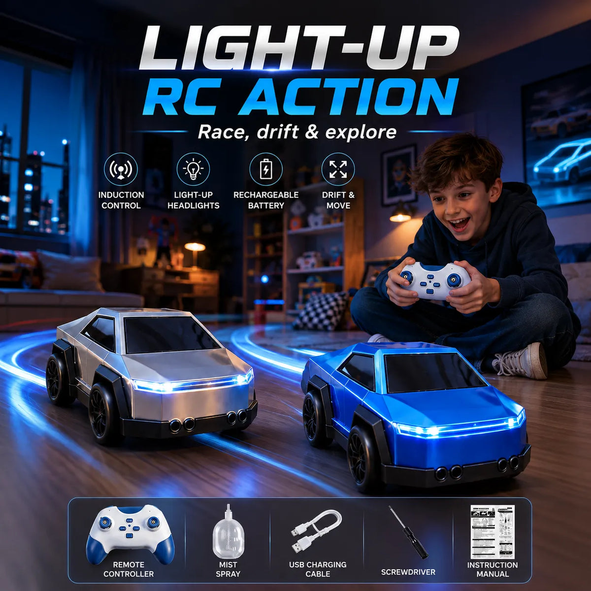 CyberPulse Induction Light-Up RC Truck – Rechargeable Remote Control Toy