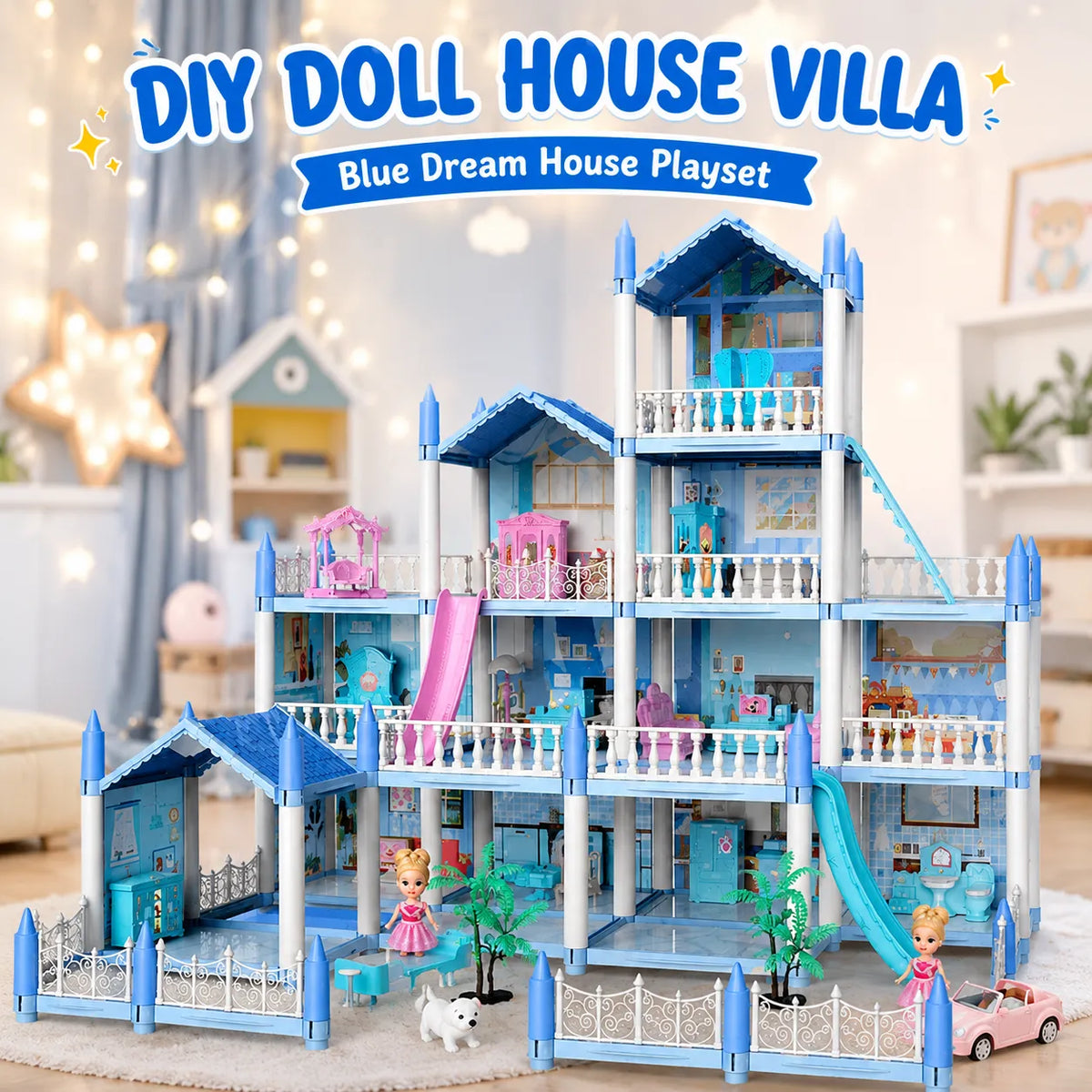 DIY Blue Doll House Villa Playset for Kids – Small & Large
