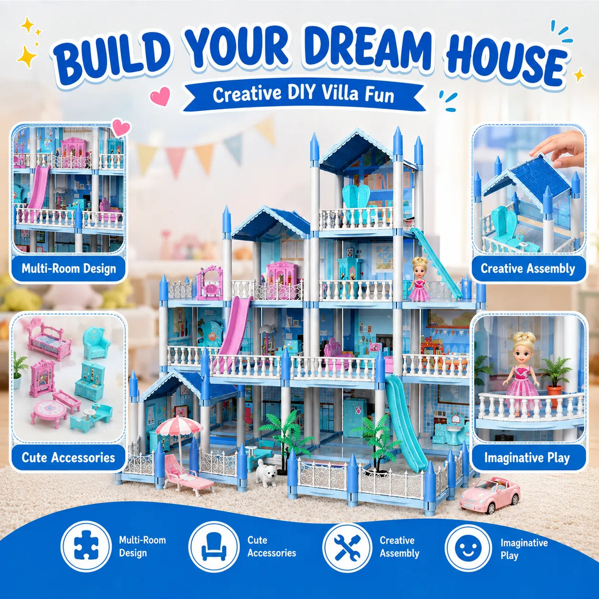 DIY Blue Doll House Villa Playset for Kids – Small & Large
