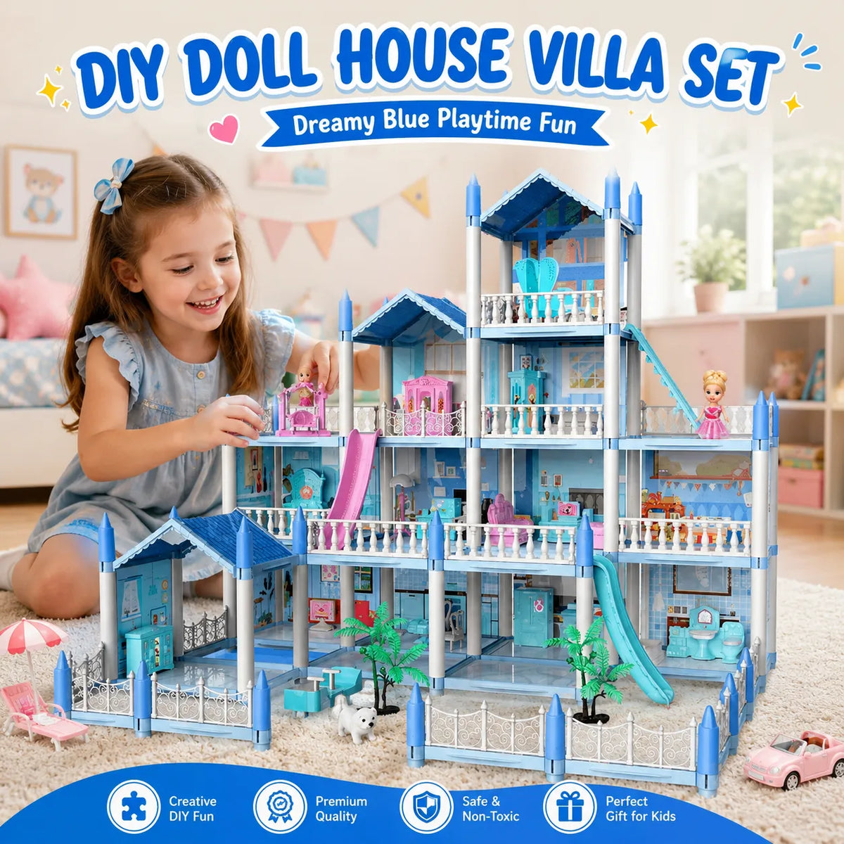 DIY Blue Doll House Villa Playset for Kids – Small & Large