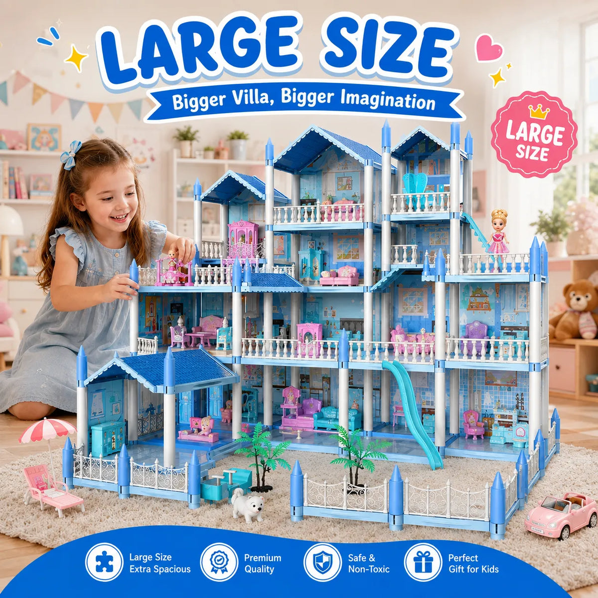 DIY Blue Doll House Villa Playset for Kids – Small & Large