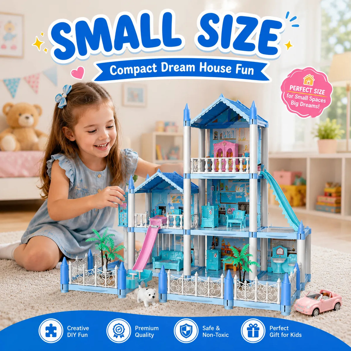 DIY Blue Doll House Villa Playset for Kids – Small & Large