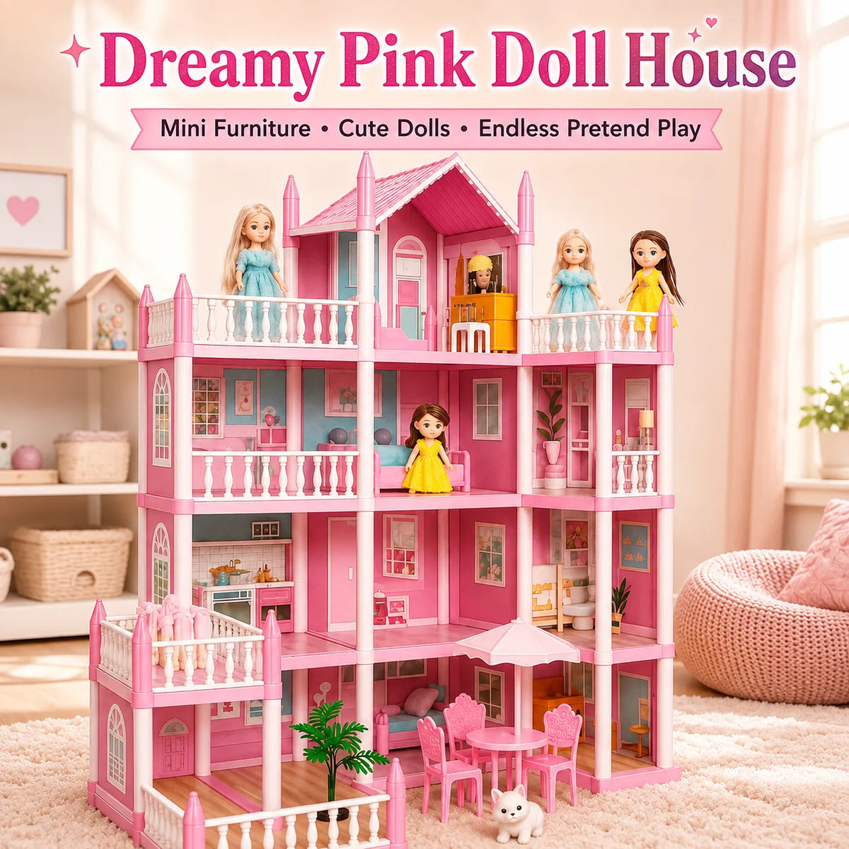 DIY Dreamy Pink Doll House Villa Playset for Kids – Small & Large