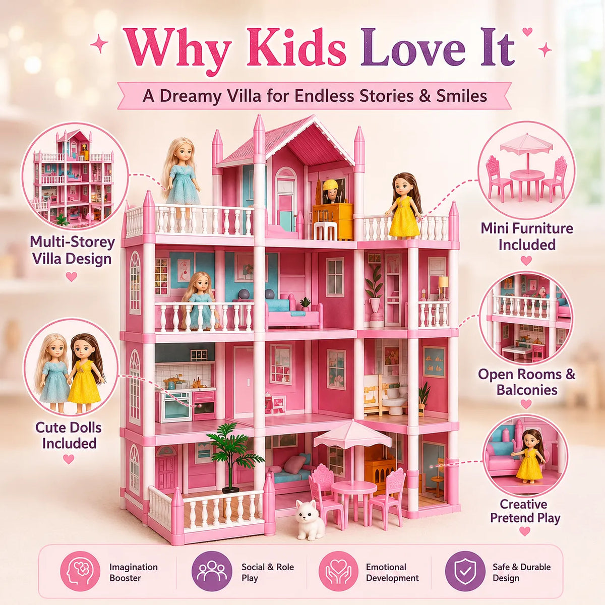 DIY Dreamy Pink Doll House Villa Playset for Kids – Small & Large
