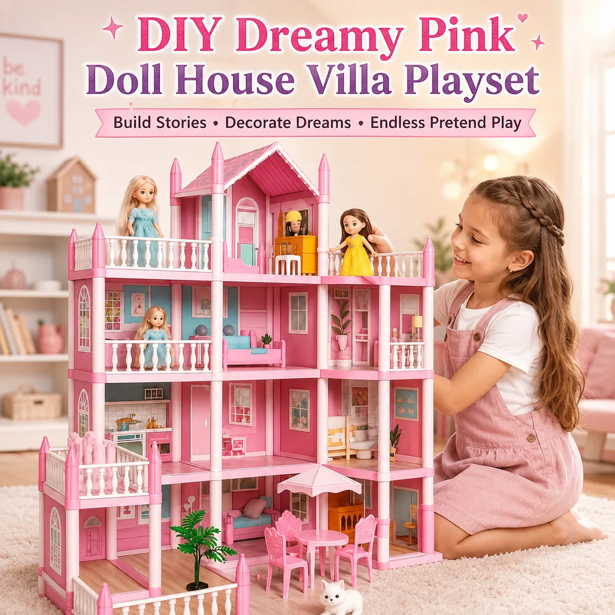 DIY Dreamy Pink Doll House Villa Playset for Kids – Small & Large