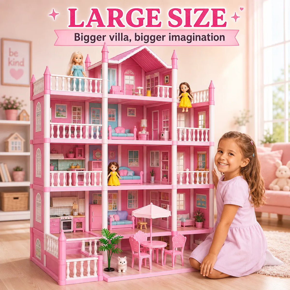 DIY Dreamy Pink Doll House Villa Playset for Kids – Small & Large