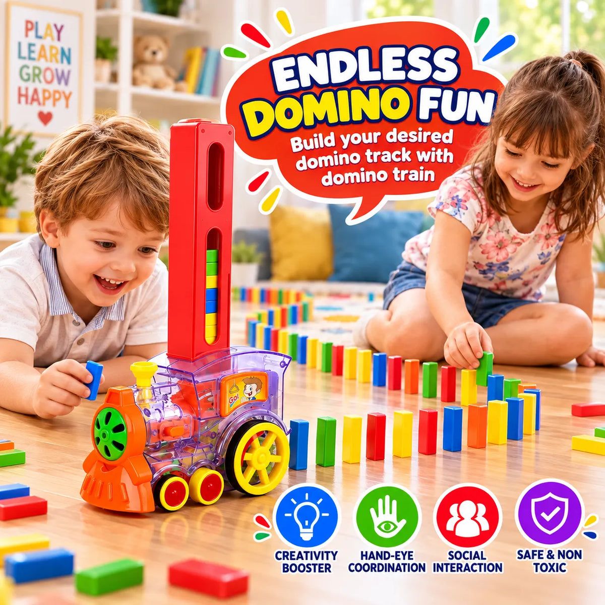 DominoTrack Brick-Laying Toy Train – Automatic 60-Piece Domino Laying Train