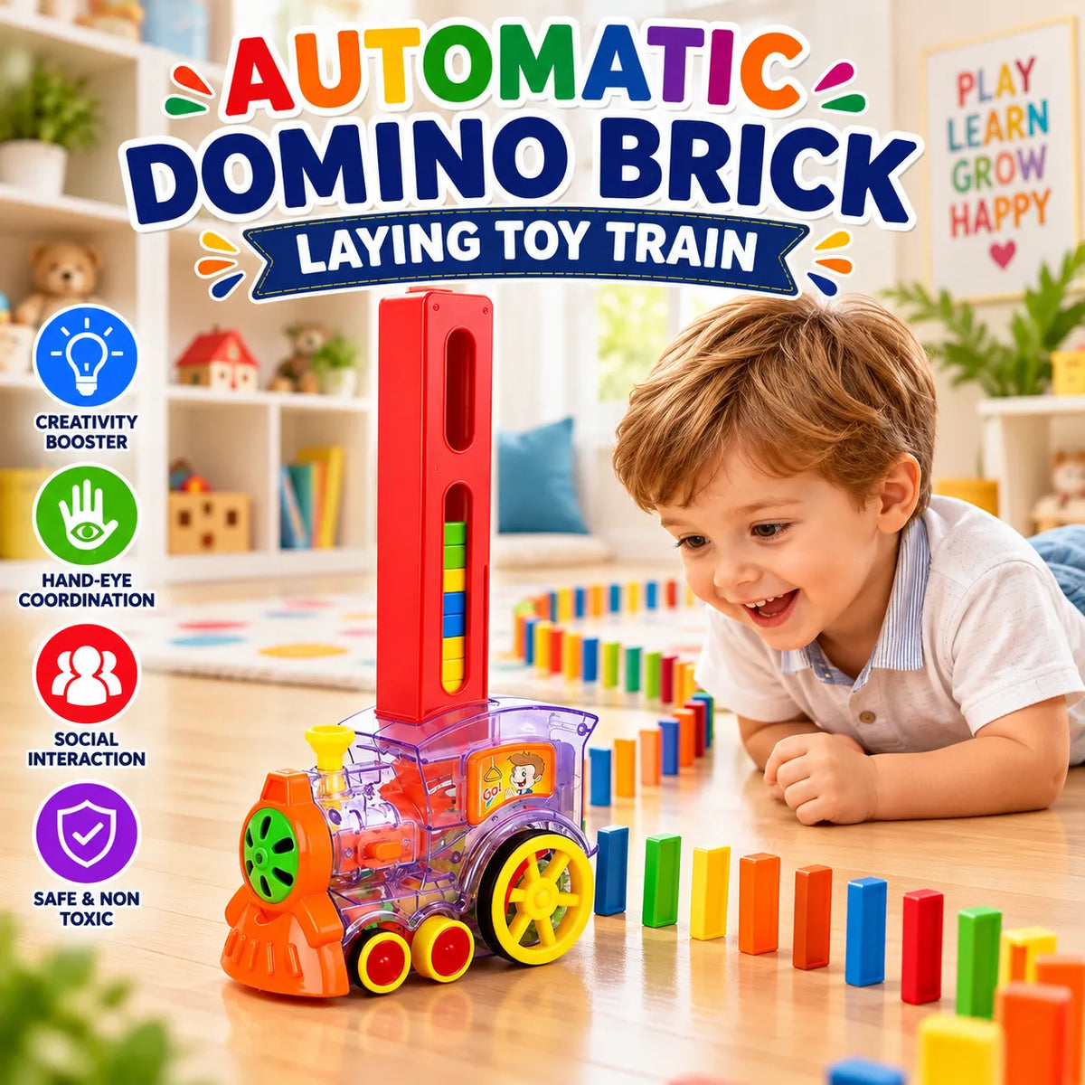 DominoTrack Brick-Laying Toy Train – Automatic 60-Piece Domino Laying Train