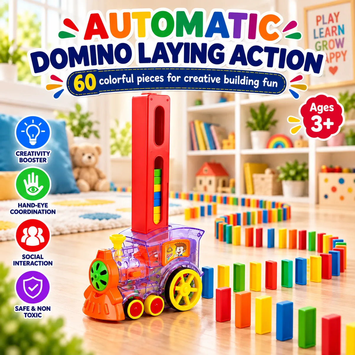 DominoTrack Brick-Laying Toy Train – Automatic 60-Piece Domino Laying Train
