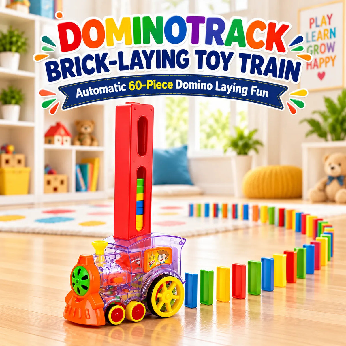 DominoTrack Brick-Laying Toy Train – Automatic 60-Piece Domino Laying Train