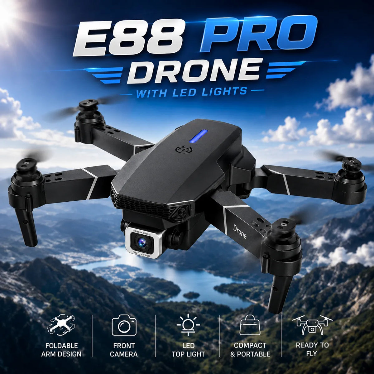 E88 PRO Drone with LED Lights & HD Camera – Foldable Aerial Photography Drone