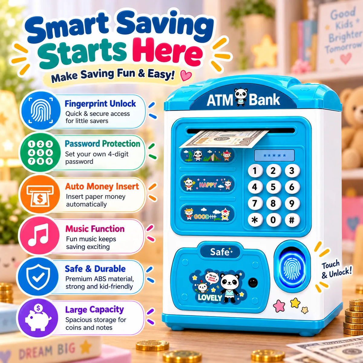 Electronic ATM Piggy Bank with Fingerprint Scanner for Kids – Savings & Banking Toy