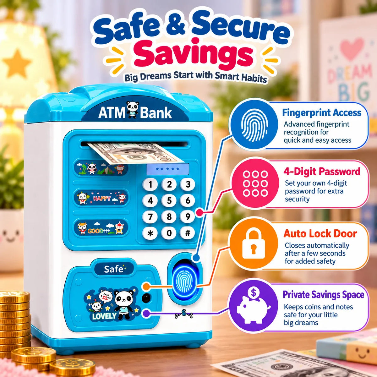 Electronic ATM Piggy Bank with Fingerprint Scanner for Kids – Savings & Banking Toy