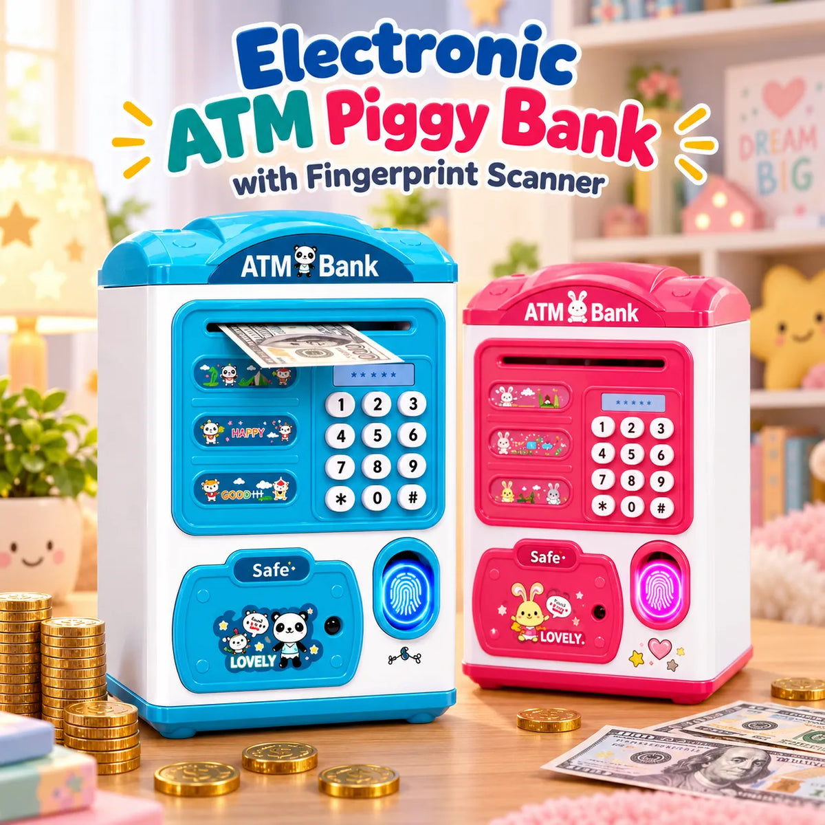 Electronic ATM Piggy Bank with Fingerprint Scanner for Kids – Savings & Banking Toy