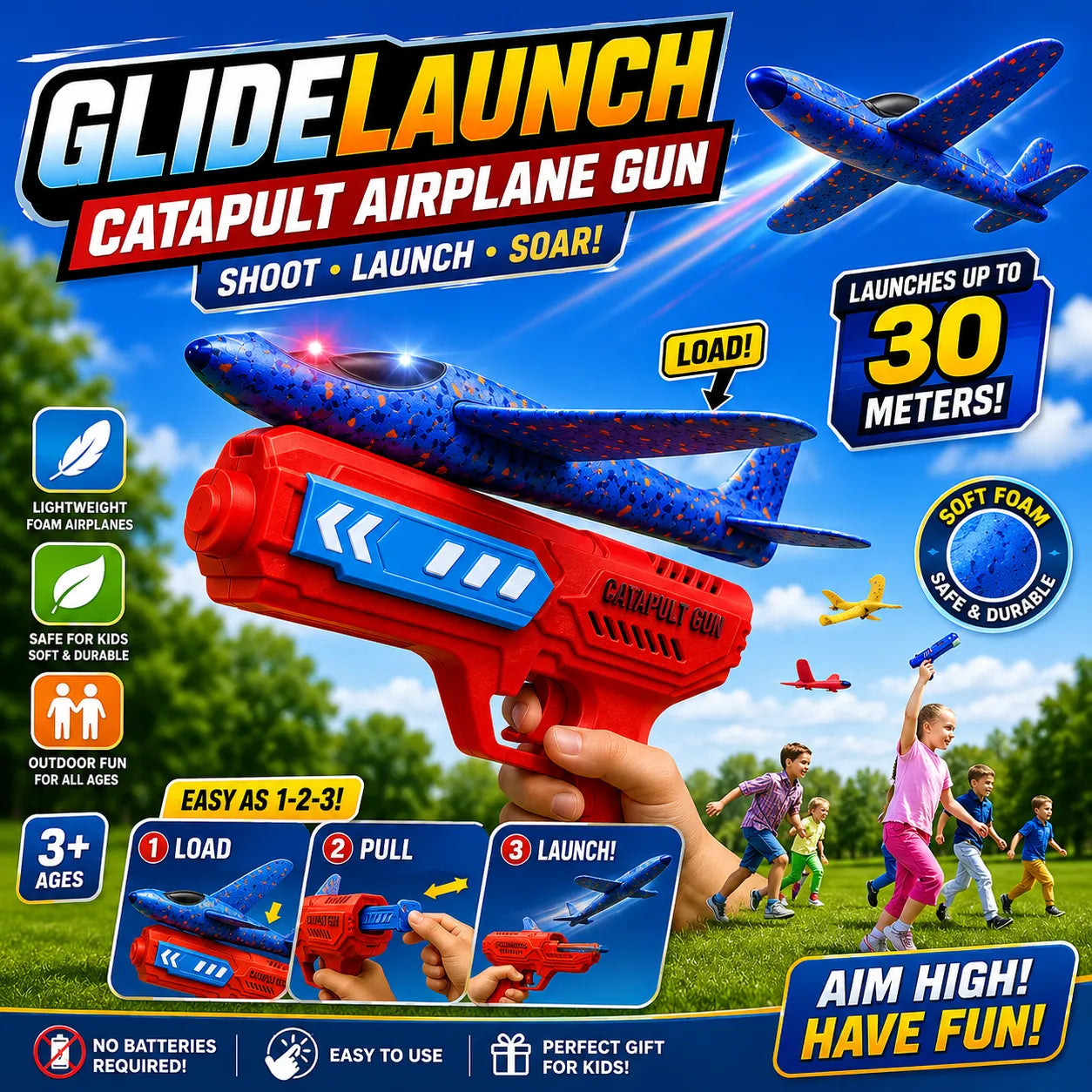 GlideLaunch Catapult Airplane Gun – Foam Glider Launcher Outdoor Toy