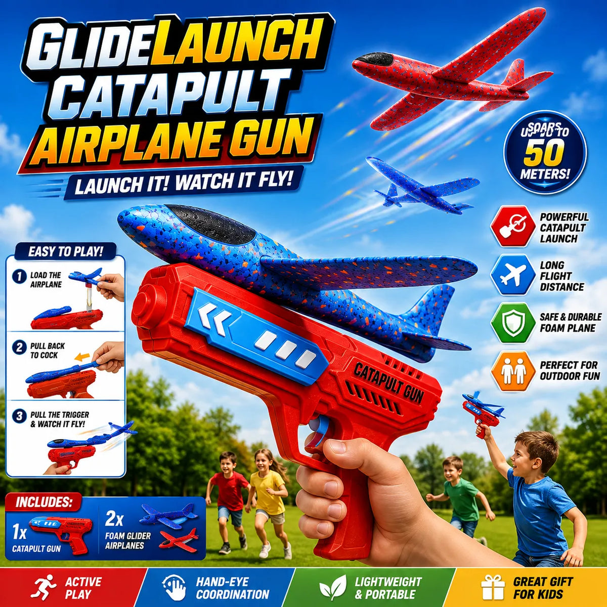 GlideLaunch Catapult Airplane Gun – Foam Glider Launcher Outdoor Toy