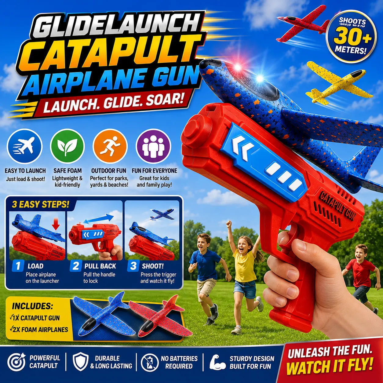 GlideLaunch Catapult Airplane Gun – Foam Glider Launcher Outdoor Toy