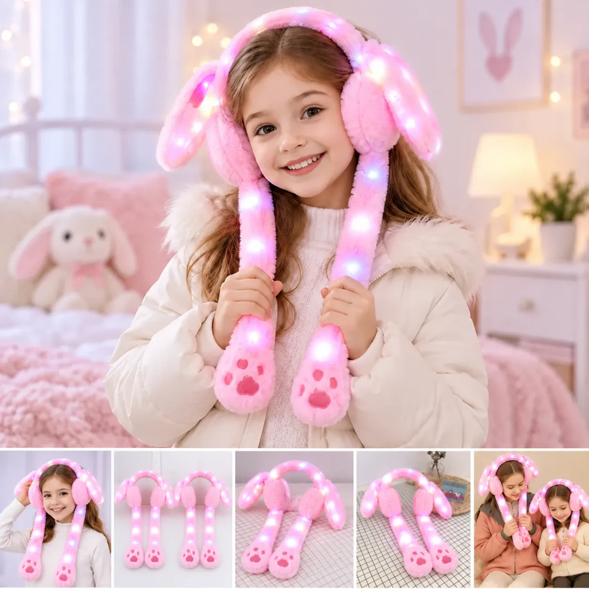 GlowBunny LED Rainbow Rabbit Ear Muffs – Warm Plush Winter Ear Warmers for Kids