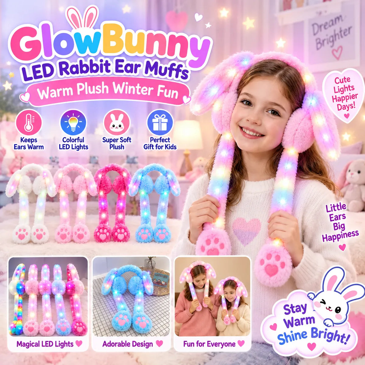 GlowBunny LED Rainbow Rabbit Ear Muffs – Warm Plush Winter Ear Warmers for Kids