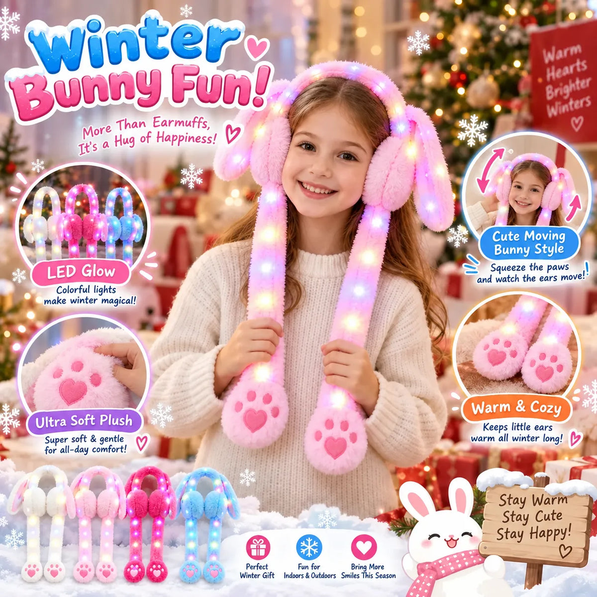 GlowBunny LED Rainbow Rabbit Ear Muffs – Warm Plush Winter Ear Warmers for Kids