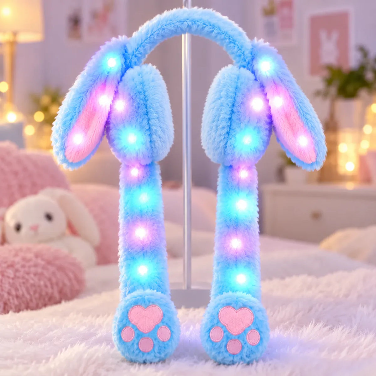 GlowBunny LED Rainbow Rabbit Ear Muffs – Warm Plush Winter Ear Warmers for Kids