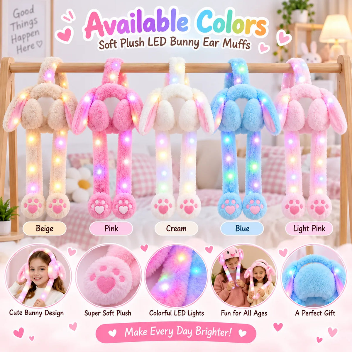 GlowBunny LED Rainbow Rabbit Ear Muffs – Warm Plush Winter Ear Warmers for Kids
