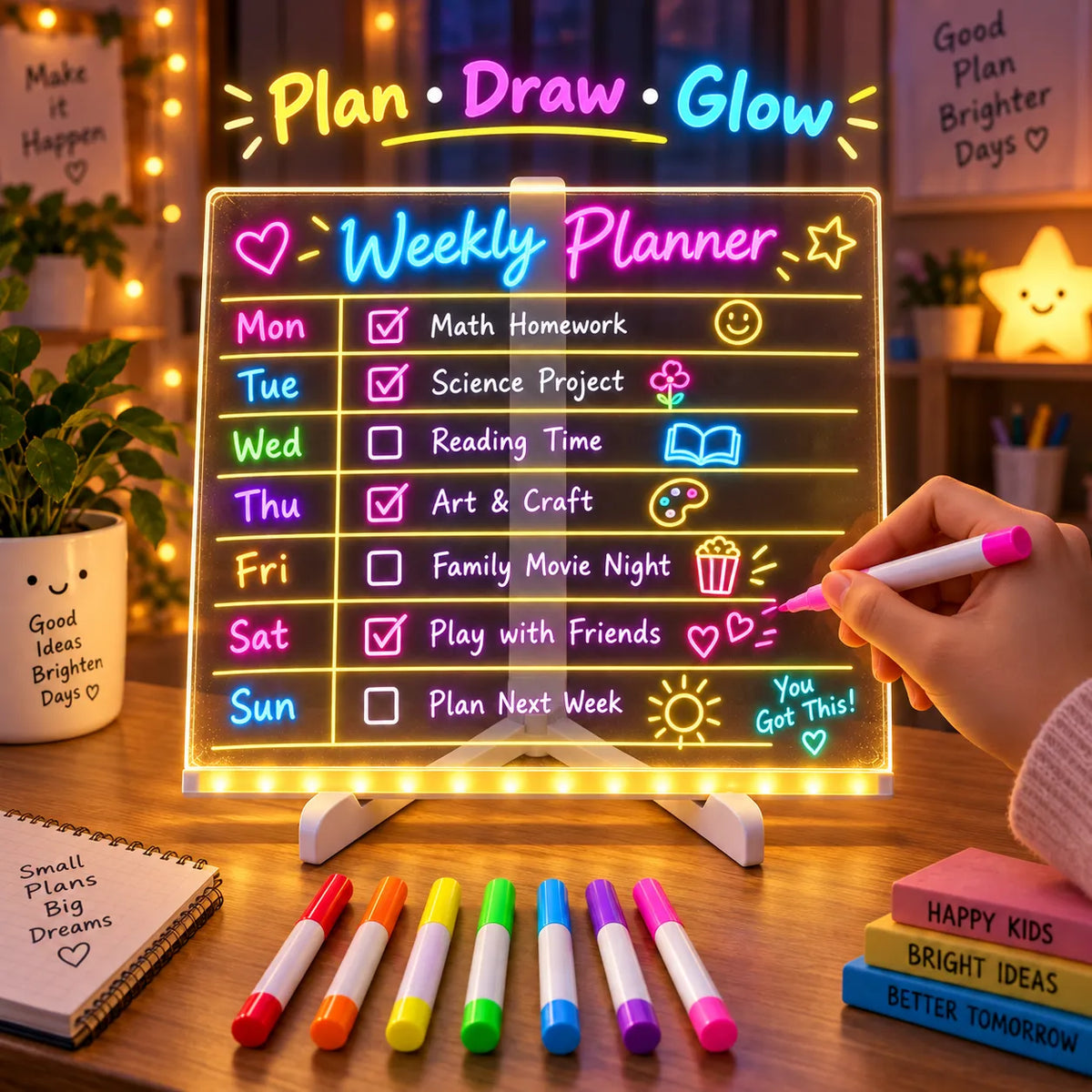 GlowSketch LED Art Board with Neon Pens – Reusable Glow Drawing Board with Neon