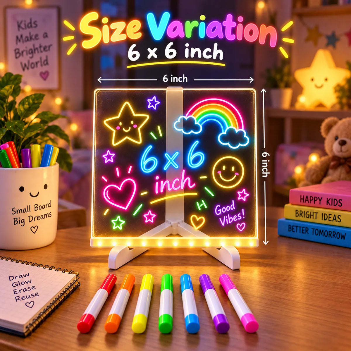 GlowSketch LED Art Board with Neon Pens – Reusable Glow Drawing Board with Neon