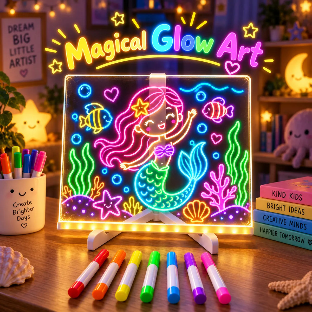 GlowSketch LED Art Board with Neon Pens – Reusable Glow Drawing Board with Neon