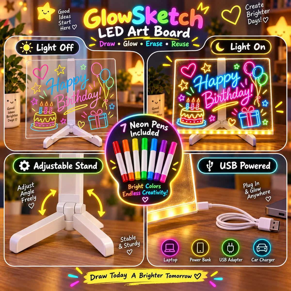 GlowSketch LED Art Board with Neon Pens – Reusable Glow Drawing Board with Neon