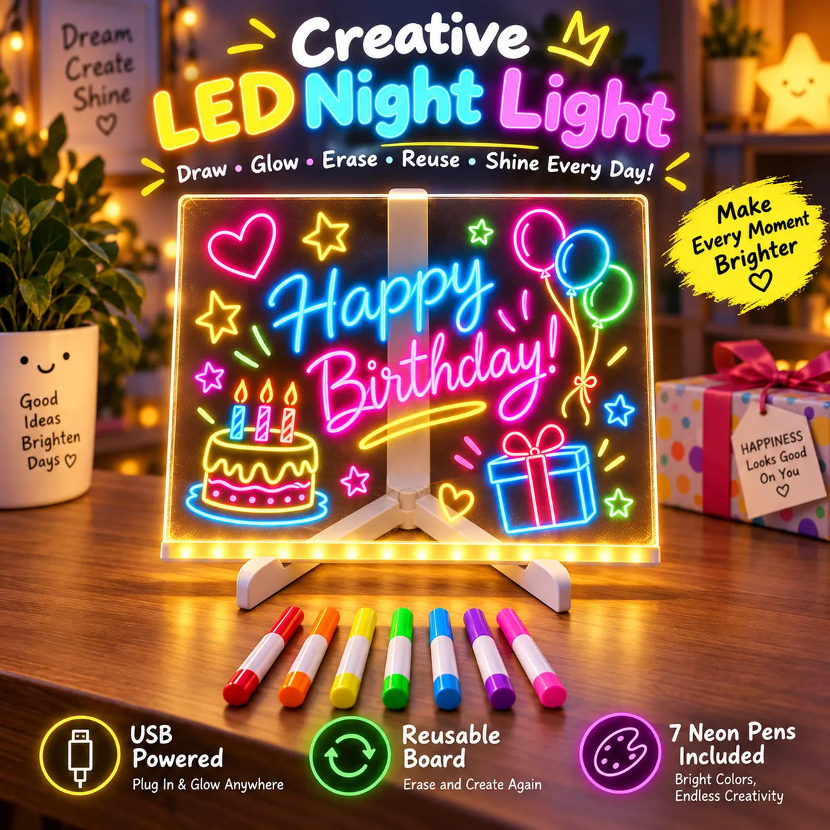 GlowSketch LED Art Board with Neon Pens – Reusable Glow Drawing Board with Neon
