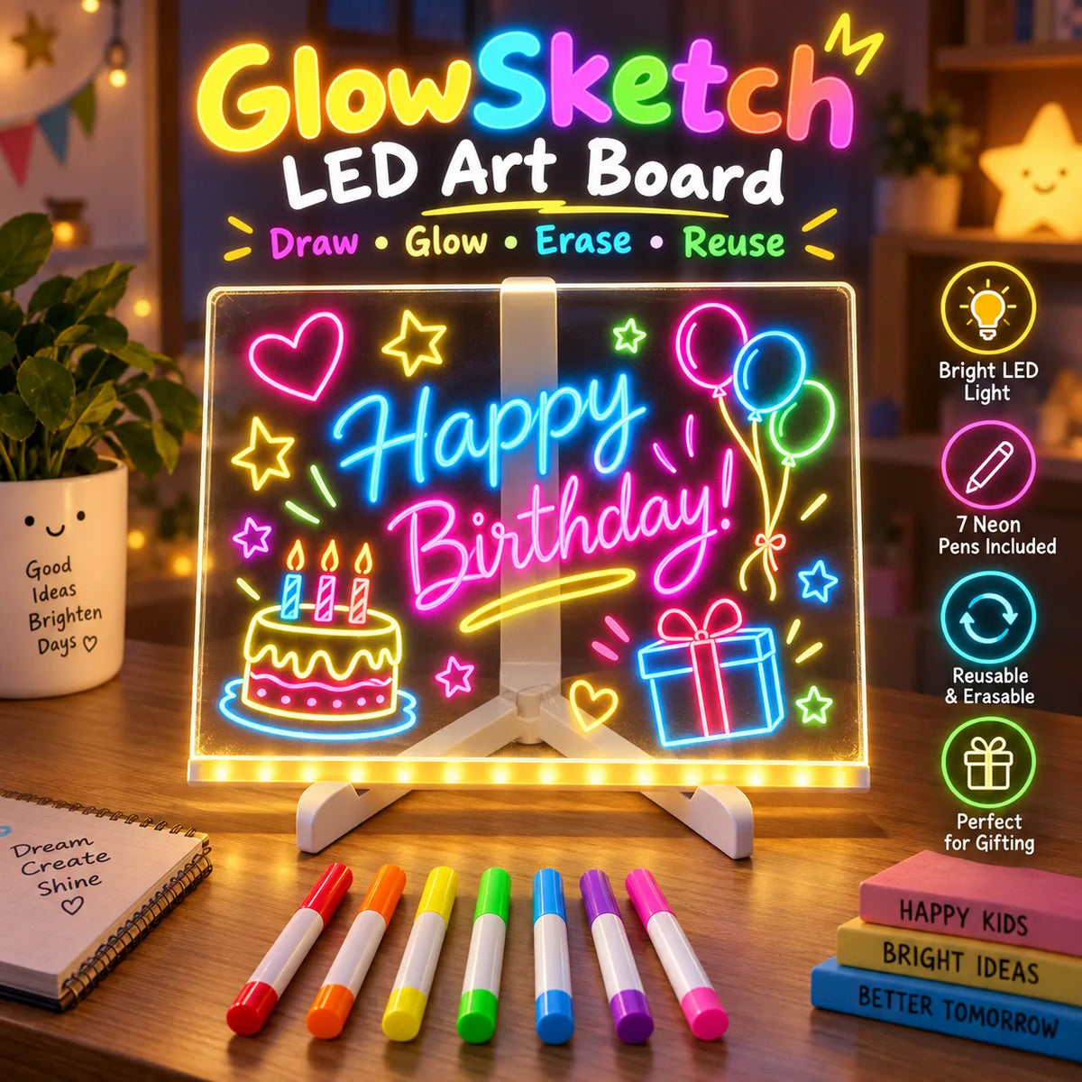 GlowSketch LED Art Board with Neon Pens – Reusable Glow Drawing Board with Neon