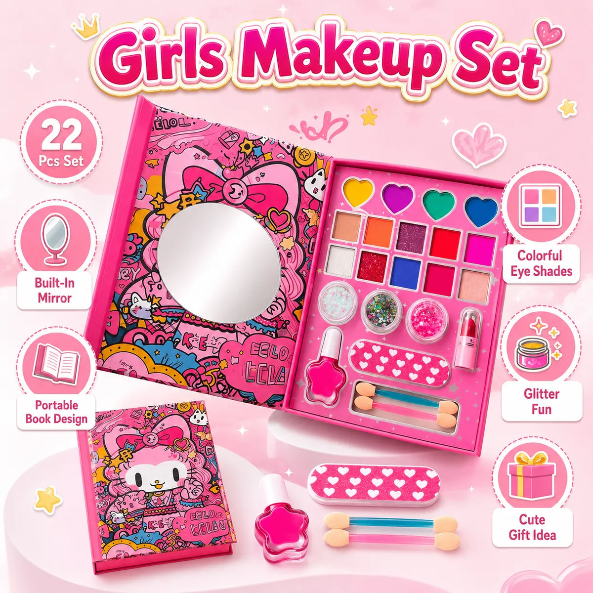 Hello Kitty Girls Pretend Makeup Set – 22 Piece Kids Beauty Play Set