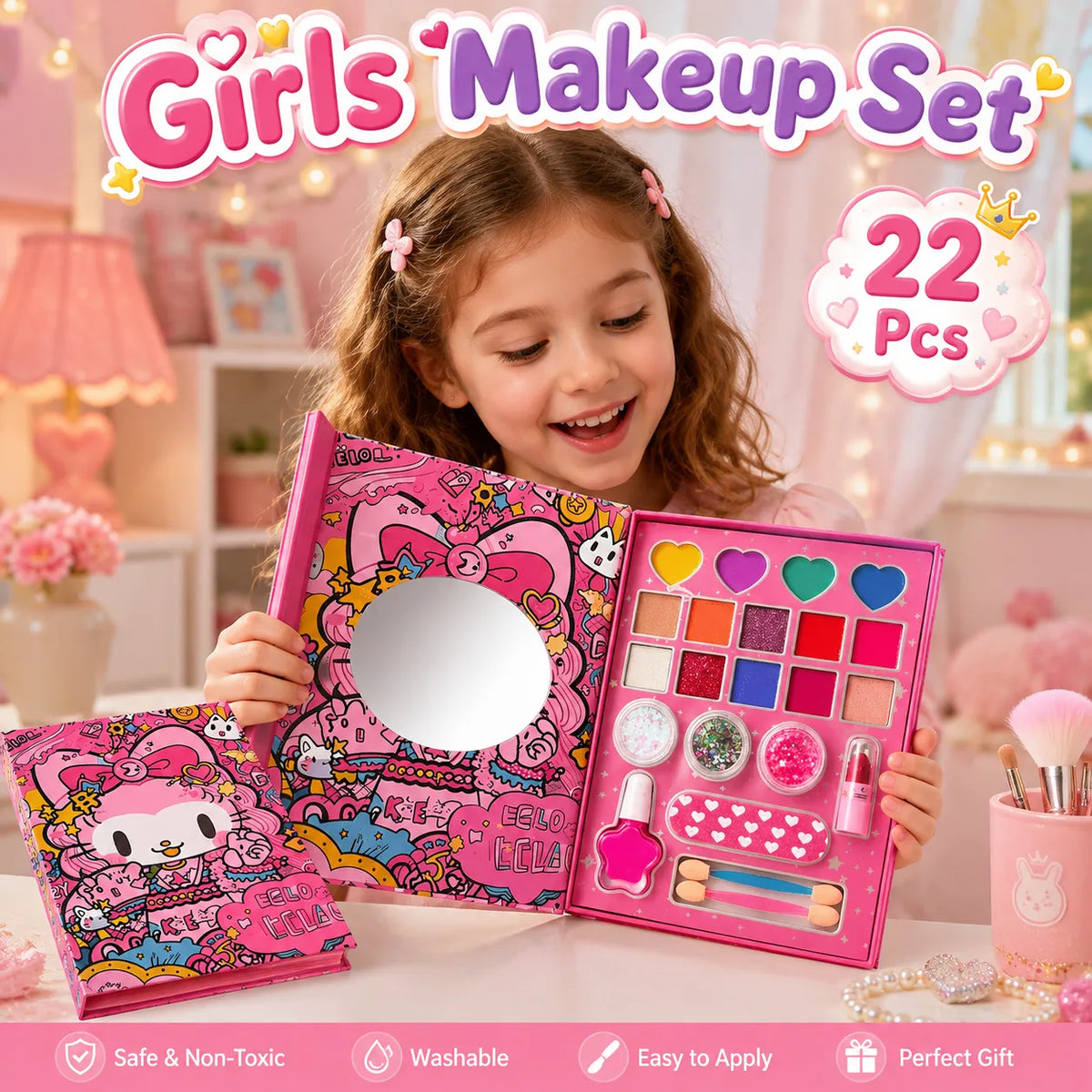Hello Kitty Girls Pretend Makeup Set – 22 Piece Kids Beauty Play Set