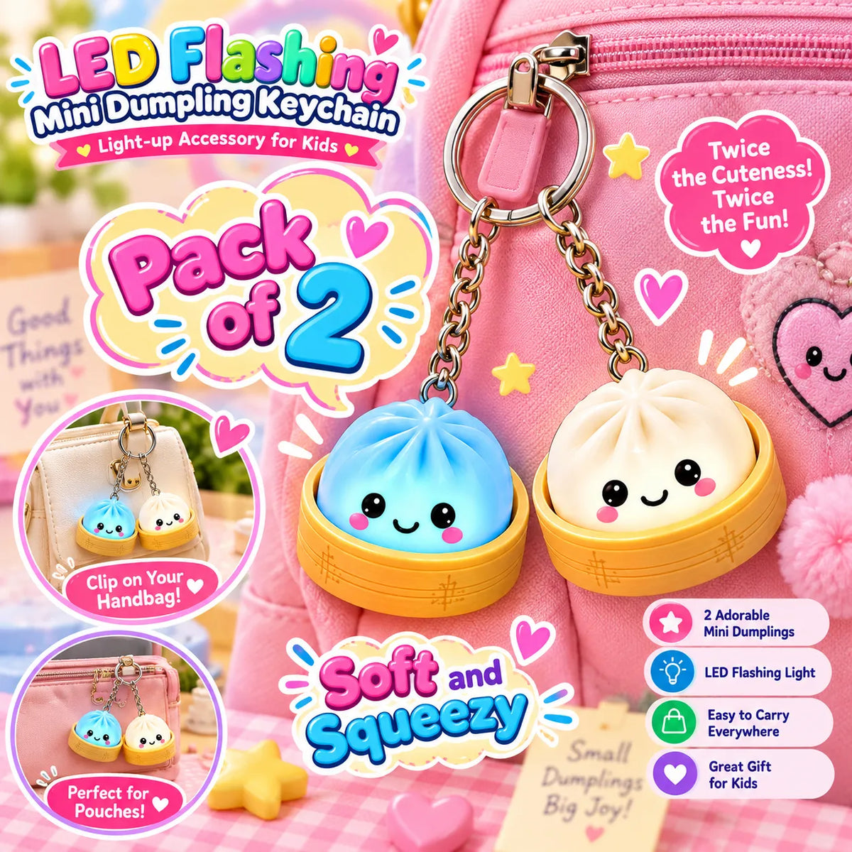 LED Flashing Mini Dumpling Keychain – Light-up Accessory for Kids