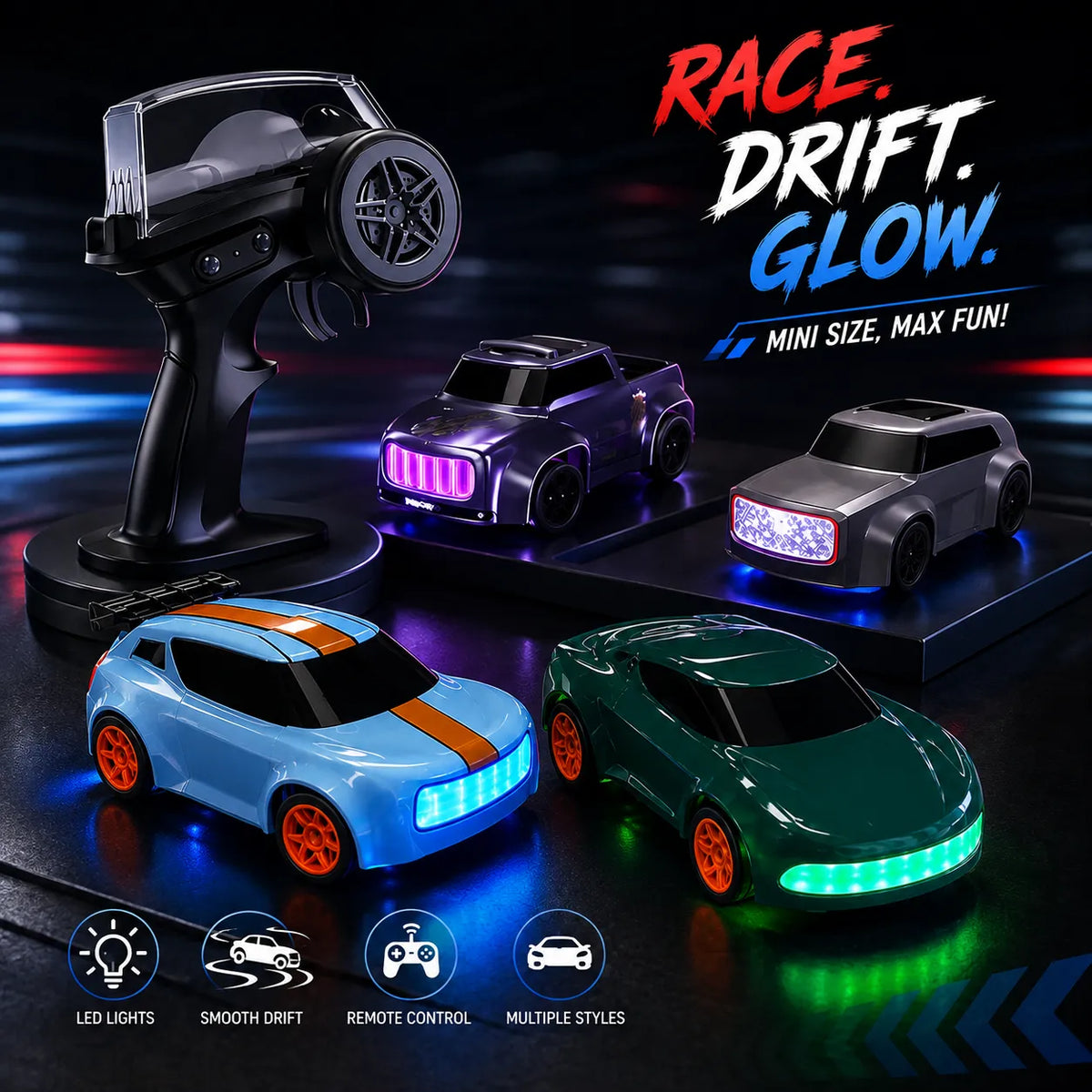 Lighting Mini Desktop Drift RC Car 1/64 Scale 4WD – Remote Control Racing Toy