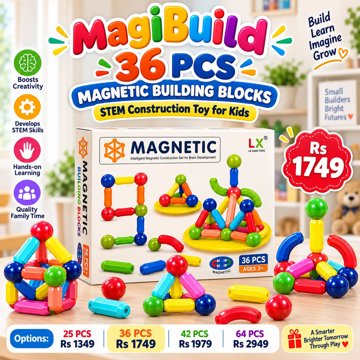 MagiBuild Magnetic Building Blocks – STEM Construction Tiles for Kids | Toynic Kids Zone