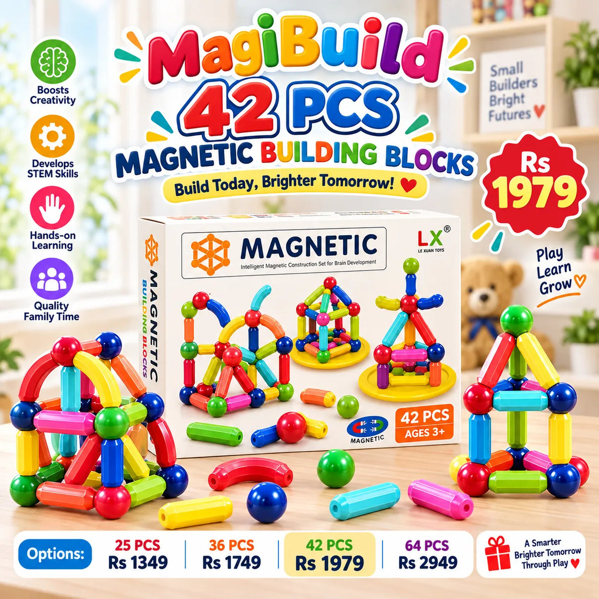 MagiBuild Magnetic Building Blocks – STEM Construction Tiles for Kids | Toynic Kids Zone
